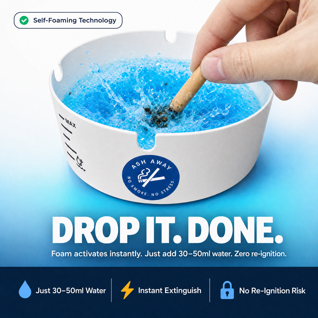 AshAway™ - Self‑foaming disposable ashtray